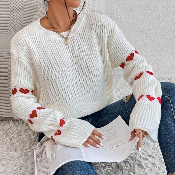 White Casual Womens Heart Pattern Flare Sleeve Sweater - Picture 5 of 5